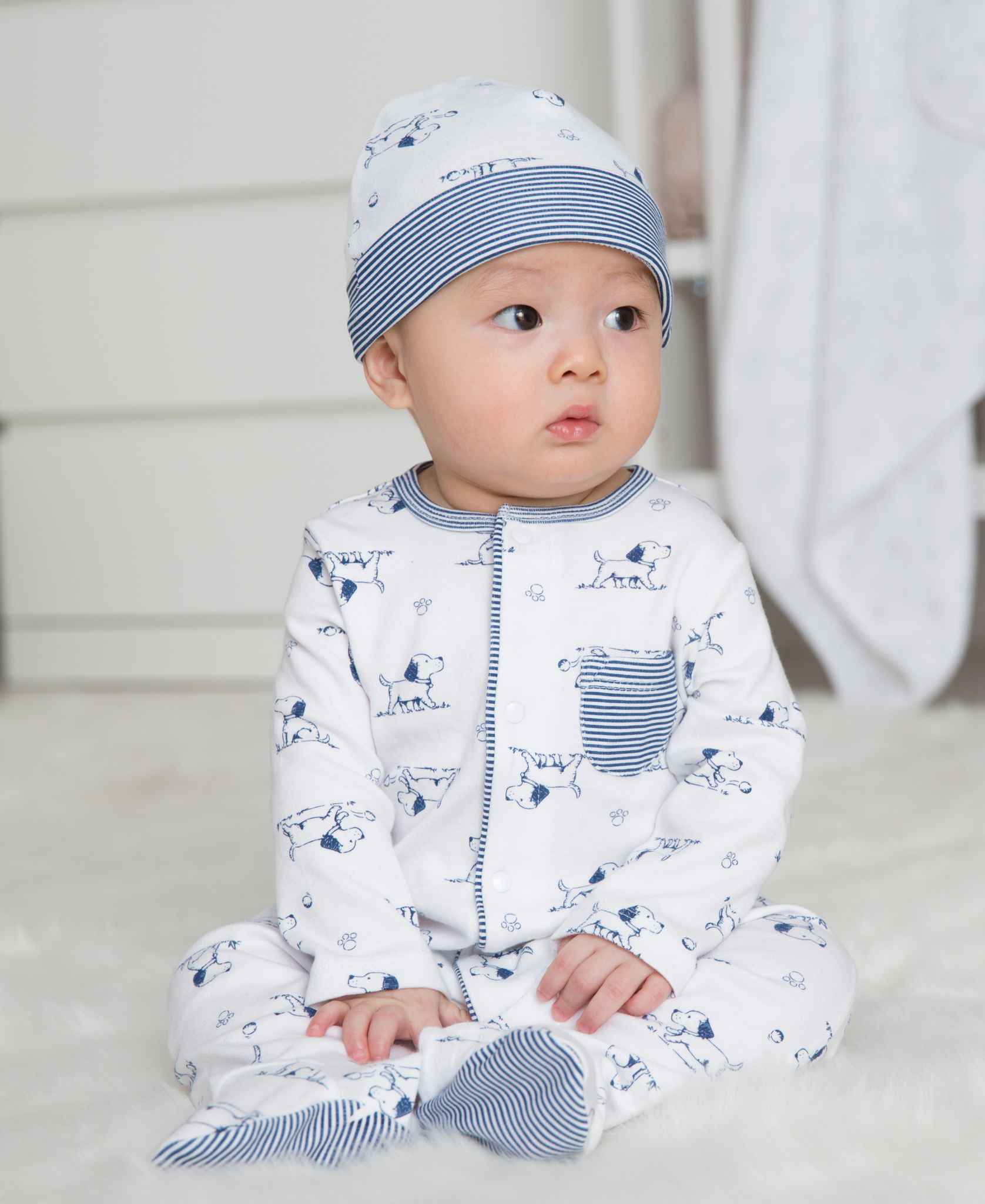 Puppy Toile Footed One-Piece And Hat